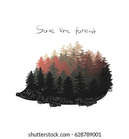 Hedgehog with quills as pine trees. A hand drawn vector illustration of spiny animal with a message to save the forest.