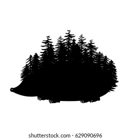 Hedgehog with quills as pine trees silhouette. Spiny forest animal contour vector illustration.