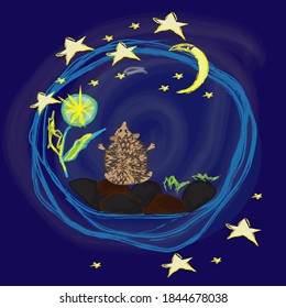 Hedgehog and rabbit. Friends forever. Best friends. Rabbit garden. Stars