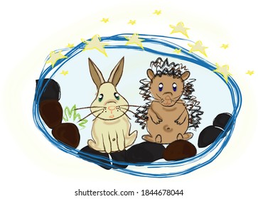 Hedgehog and rabbit. Friends forever. Best friends. Rabbit garden. Stars