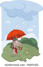 Hedgehog, a rain and the butterfly.Cartoon
