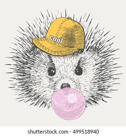 hedgehog is a rapper cap inflates chewing gum. print on t-shirt.vector
