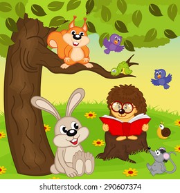 hedgehog reading book for animals - vector illustration, eps