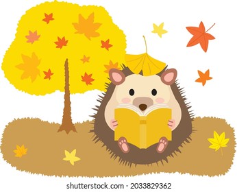 A hedgehog reading a book in Autumn of reading