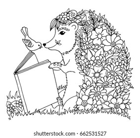 Hedgehog is reading a book to a bird. Vector illustration of zentangl. Coloring page. Antistress for adults and children. 