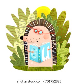 Hedgehog Reading Book. Cute funny forest animal in Eyeglasses. Vector illustration.