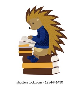 Hedgehog reading a book. Vector illustration. Isolated on a white background.