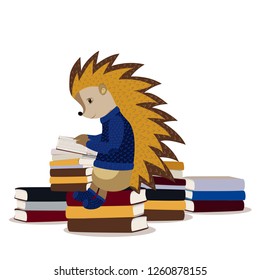 Hedgehog reading a book. Vector illustration. Isolated on a white background.