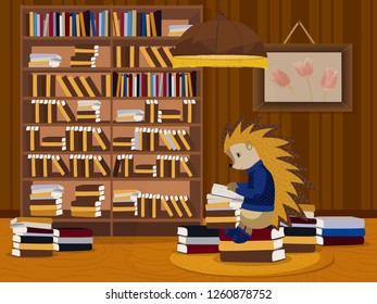 Hedgehog reading a book. Vector illustration. Isolated on a white background.