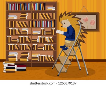 Hedgehog reading a book. Vector illustration. Isolated on a white background.