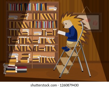 Hedgehog reading a book. Vector illustration. Isolated on a white background.