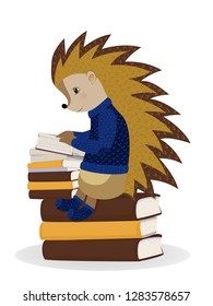Hedgehog reading a book. Vector illustration. Isolated on a white background.
