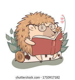 Hedgehog reads isolate on a white background. Kawaii character hedgehog. Vector graphics.