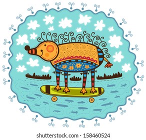 Hedgehog rides a skateboard. Hedgehog happy and satisfied. Clouds float across the sky.