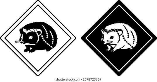 Hedgehog Road Signs. Black and White Vector Icons. Road Sign Warning about Crossing the Road by Animals. Sticker for Zoo