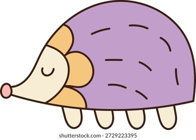 Ouriço com corpo arredondado, olho fechado, paus macios e pernas pequenas em um estilo de linha de desenho animado limpo. Símbolo de calma, descanso, conforto e tempo de cochilo para conteúdo infantil. Ilustração de vetor de desenhos animados.