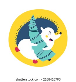Hedgehog runs with a Christmas tree. Christmas winter animal character in simple hand drawn scandinavian style. A colorful childish cartoon in a colorful festive palette. Vector illustration