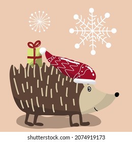 Hedgehog in a Santa hat, carries a gift, Christmas.