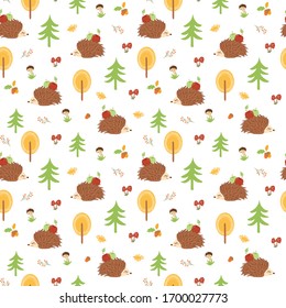 Hedgehog seamless pattern. Autumn forest seamless pattern Cute colorful fall background. Nature print, wallpaper