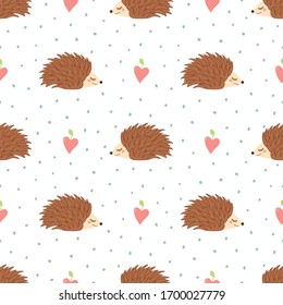 Hedgehog seamless pattern. Cute animal forest background with pink hearts. Polka dot ornament. Endless baby texture illustration.