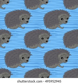 Hedgehog seamless pattern. Cute animal background. Child drawing style illustration.