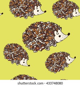 Hedgehog seamless pattern. Cute cartoon animal background in zentangle style. Child drawing style hedgehog illustration. Vector