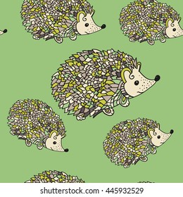 Hedgehog seamless pattern. Cute cartoon animal background in zentangle style. Child drawing style hedgehog illustration. Vector.