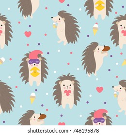 Hedgehog seamless pattern on blue background perfect for fabric and card. Cute cartoon animal. Child illustration.