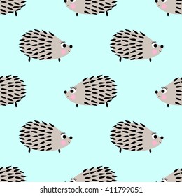 Hedgehog seamless pattern on mint green background. Cute cartoon animal background. Child drawing style baby hedgehog illustration. Kids design for fabric and decor.