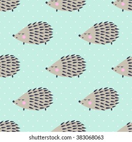 Hedgehog seamless pattern on polka dots background. Cute cartoon animal background. Child drawing style hedgehog illustration.