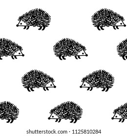 Hedgehog seamless pattern vector background. Cute small animal design, doodle porcupine, textile or fabric for children clothes.