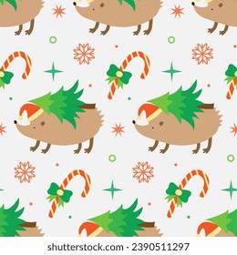 Hedgehog seamless pattern. Vector illustration of animal with holiday decorations. Drawing of hedgehog in new year hat with Christmas tree. Festive background with snowflakes and candy canes.