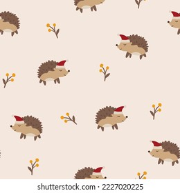 Hedgehog seamless vector pattern. The limited palette is ideal for printing textiles, fabric, wrapping paper Simple hand drawn illustration of a forest hedgehog character in Scandinavian style. 