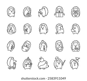 Hedgehog set featuring a character with various emotions participating in activities like fishing, celebrating birthdays, riding a scooter, reacting to funny situations, and enjoying joyful moments.