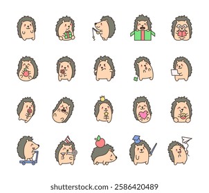 Hedgehog set featuring a character with various emotions participating in activities like fishing, celebrating birthdays, riding a scooter, reacting to funny situations, and enjoying joyful moments.