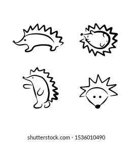 Hedgehog set graphic black and white illustration. isolated sketch. Hand-drawn black and white icon. Illustration in doodle style. Can be used for print on clothes, logo or emblem. several elements in