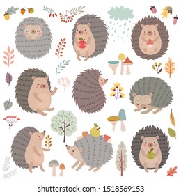 Hedgehog setzt handgezeichnet Stil. Cute Woodland Charaktere spielen, schlafen, entspannen und Spaß haben.Vektorgrafik.