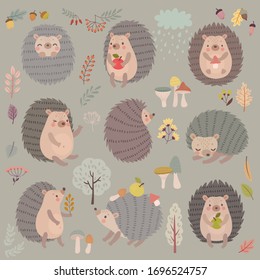 Hedgehog set hand drawn style. Cute Woodland characters playing, sleeping, relaxing and having fun.  Vector illustration.