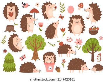 С Hedgehog-Set. Handgezeichnete Vektorgrafik.