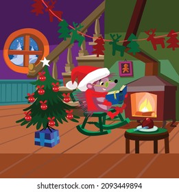 hedgehog is sitting by the fire and waiting for Christmas
