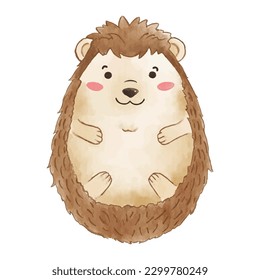 Hedgehog is sitting . Watercolor paint design . Cute animal cartoon character . Vector .