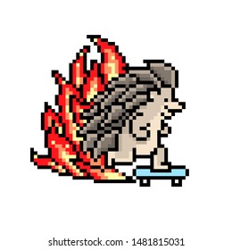 Hedgehog skater on fire, pixel art character isolated on white background. Cool 8 bit skating animal t-shirt print. Old school vintage retro slot machine/video game graphics. Sport activity logo.