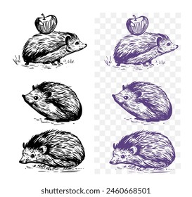 Hedgehog, sketch, engraving style. Hand drawn set, vector illustration, black outline