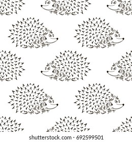 Hedgehog sketch seamless pattern. Funny cartoon. Hand drawn vector illustration.