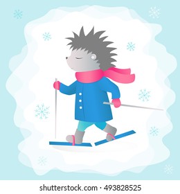 Hedgehog is skiing in the forest. Winter sports. Vector illustration for design of cards, invitations, posters, web design, children's cover design, T-shirt printing.