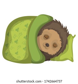 The hedgehog sleeps under a green blanket.Cute forest animal. Winter hibernation of hedgehogs.Time for bed.Cartoon vector illustration.