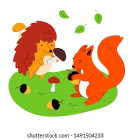 Hedgehog and squirrel - flat design style illustration