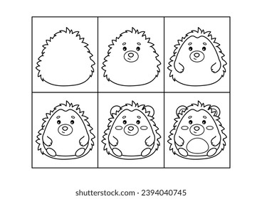 Hedgehog. Step by step drawing. Coloring page, coloring book page. Black and white vector illustration.