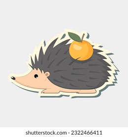 Hedgehog sticker with apple on his back. Cute little hedgehog vector sticker.