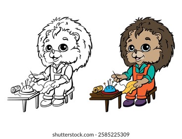 Hedgehog tailor sews clothes. Coloring book with an example for kids. Bright vector illustration for studying professions, for a children's book, print, educational materials